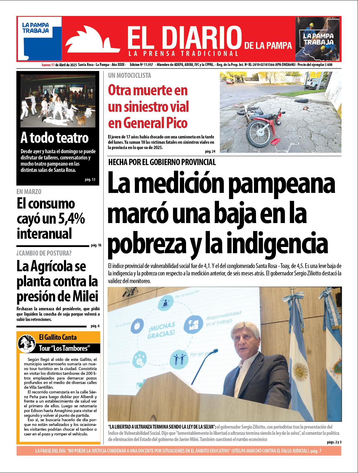 Tapa de El Diario en papel  jueves 17 de abril de 2025